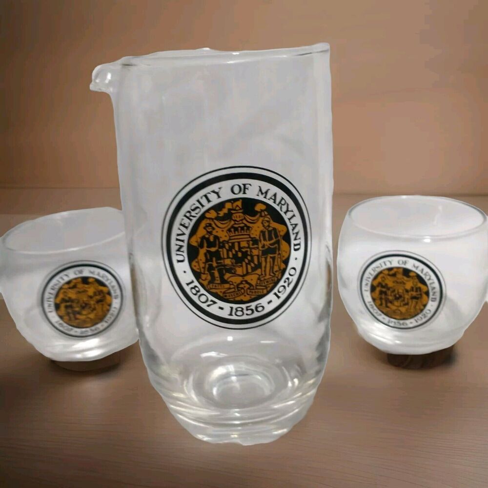 UNIVERSITY of MARYLAND Vintage Barware Cocktail Pitcher ROLY POLY GLASSES MCM
